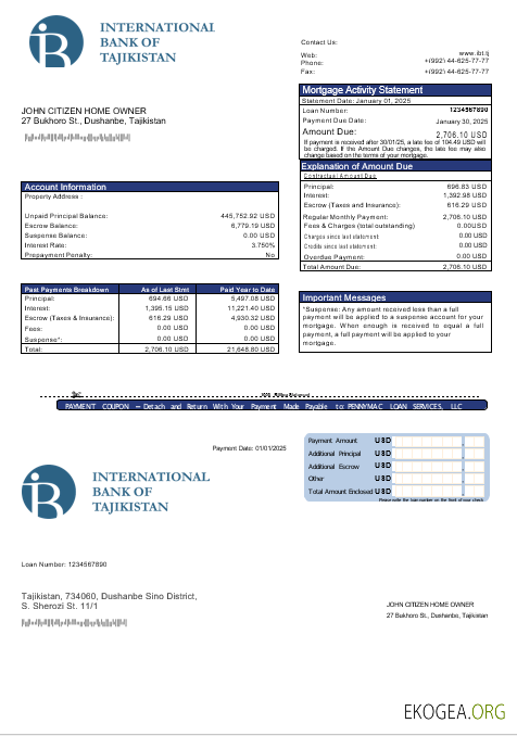 Relevé d'hypothèque bancaire de la banque ITB du Tadjikistan aux formats Word et PDF